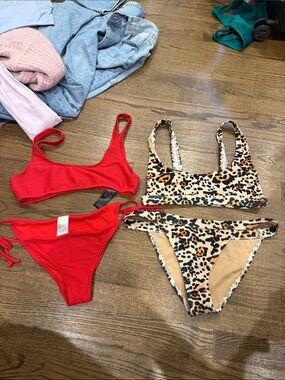 Topshop Red Ribbed Bikini & Leopard Print Two-Piece Set